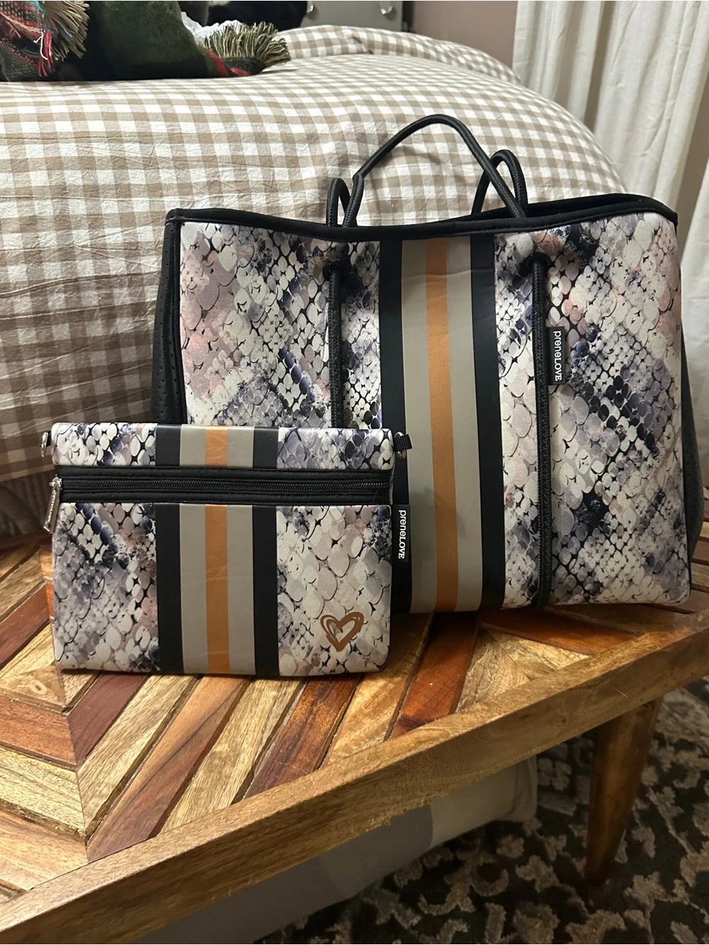 Striped Snake-Print Duffel Bag with Pouch - Black, Tan, Gray
